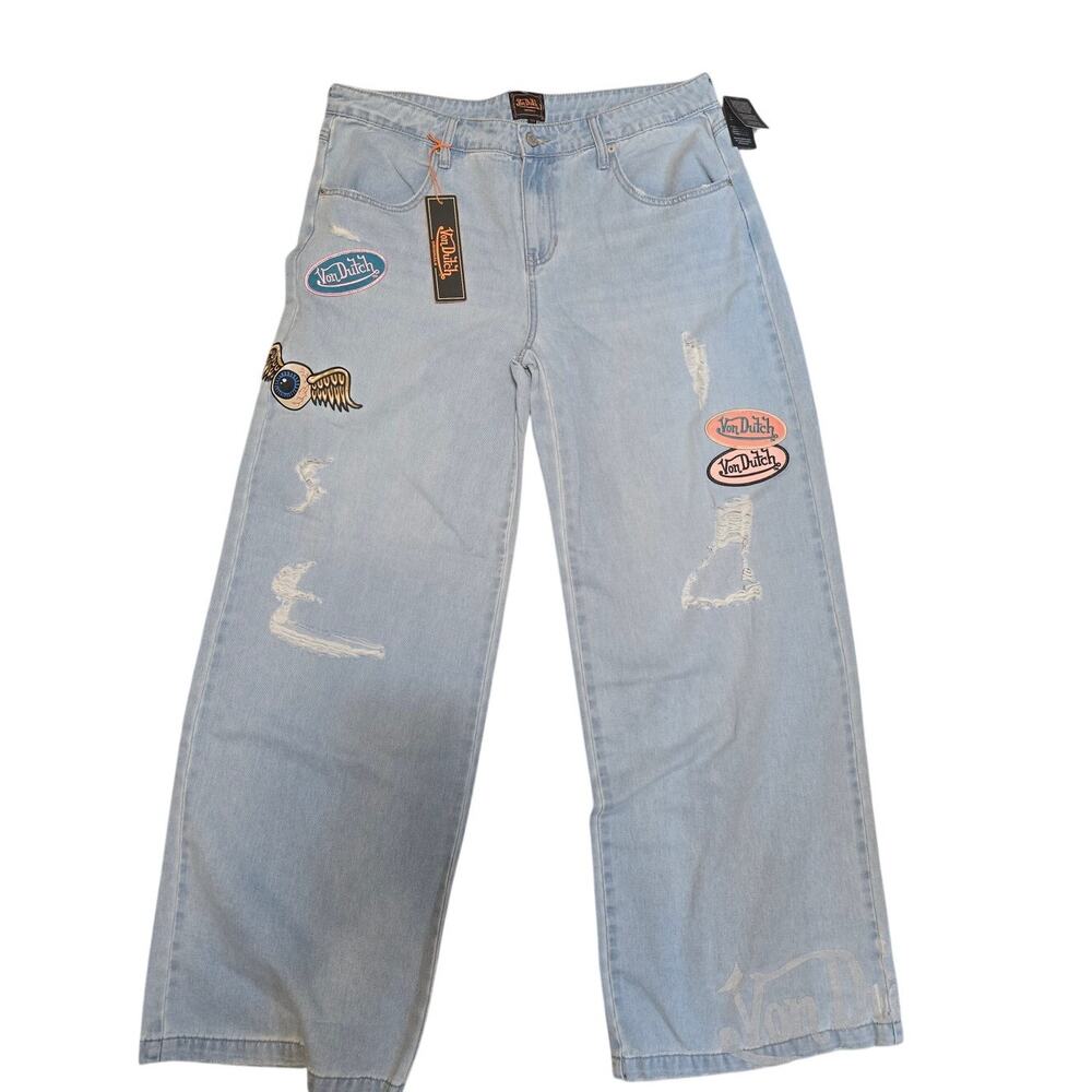 Von Dutch Womens 13/31 Flying Eyeball Wide Leg Jeans Light Wash Y2K NWT NEW